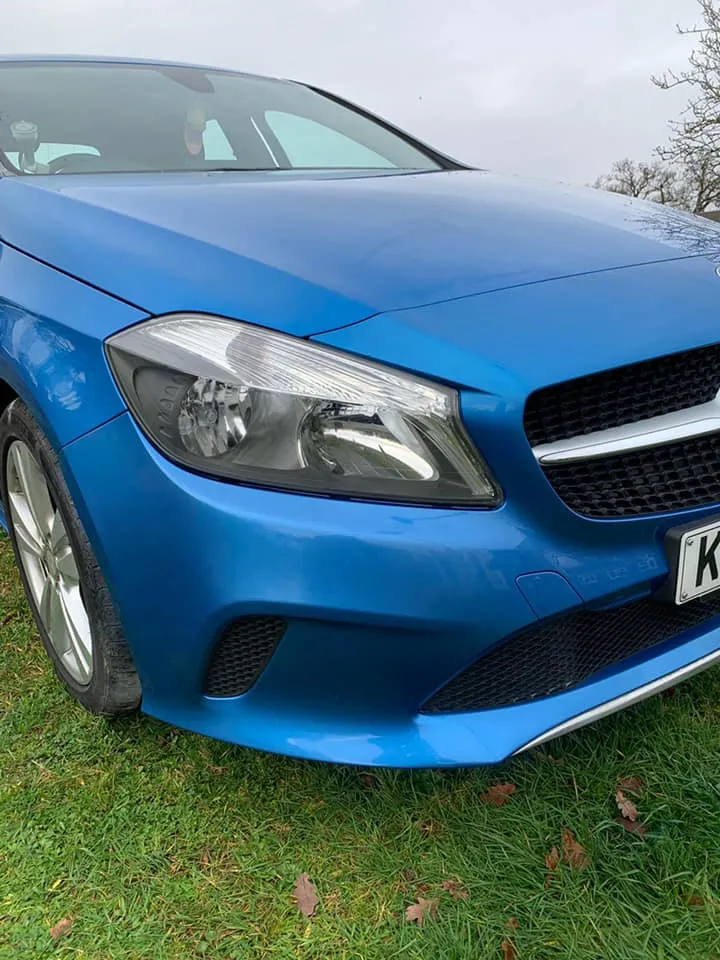 A blue car is parked in the grass.